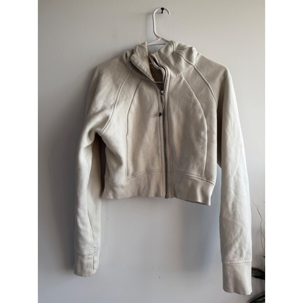 Lululemon Womens Scuba Full-Zip Cropped Hoodie Cream White Size 10 Thumbhole